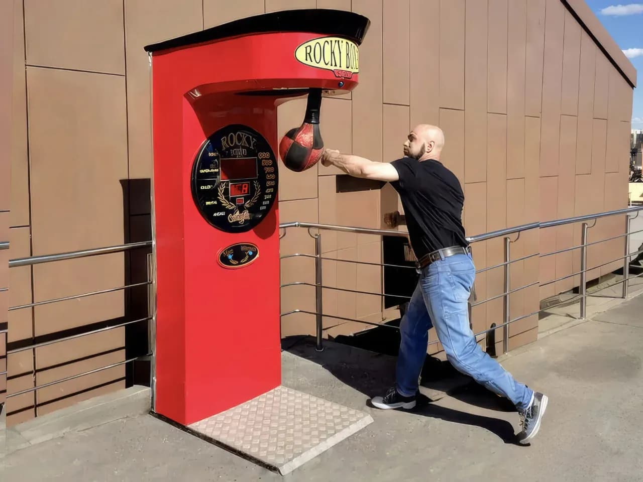 Гость бьёт по боксерской груше силомера на улице — аттракцион «сила удара»