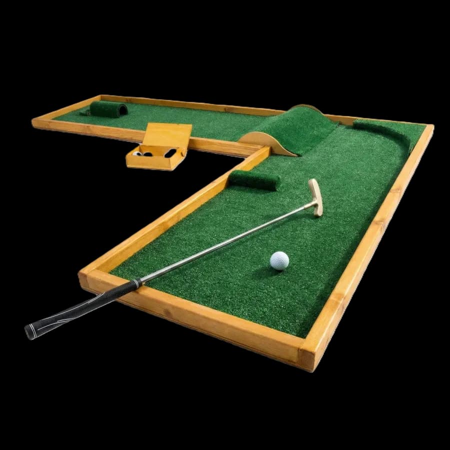Дорожка мини гольфа без фона: модуль с препятствиями, клюшка и мяч